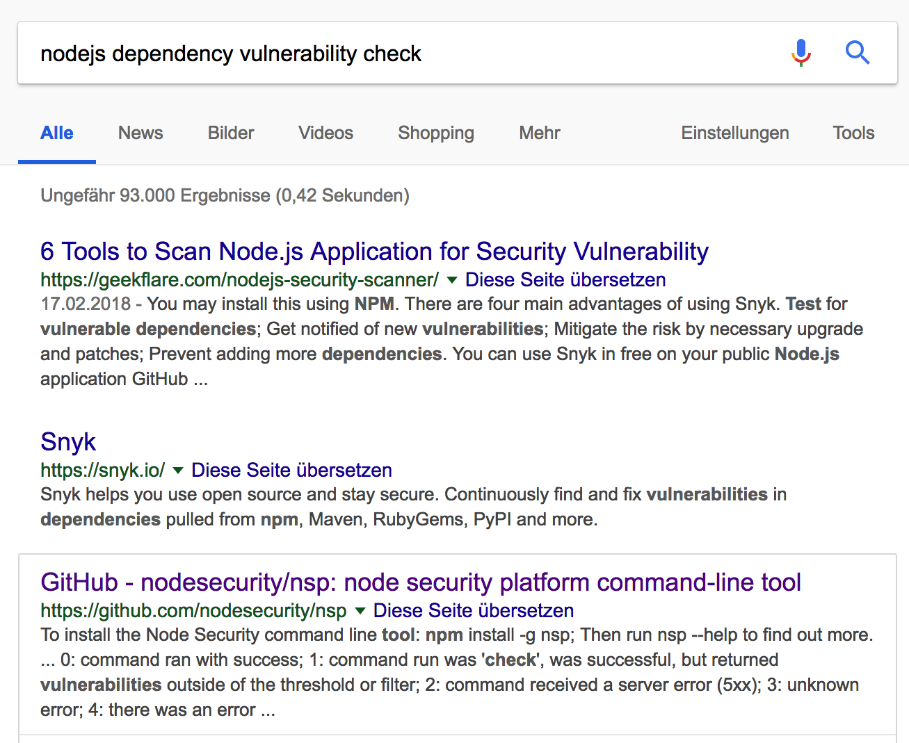 Google: nodejs dependency vulnerability check
